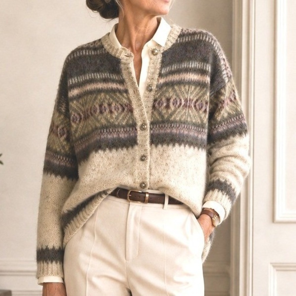 Woolrich Vintage Fair Isle Wool Blend Cardigan Sweater Oat Beige Made in USA M